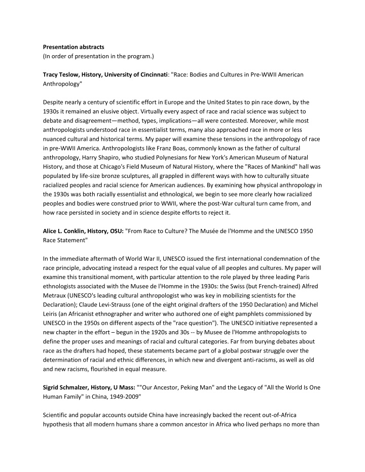 presentation abstracts in order of presentation in the