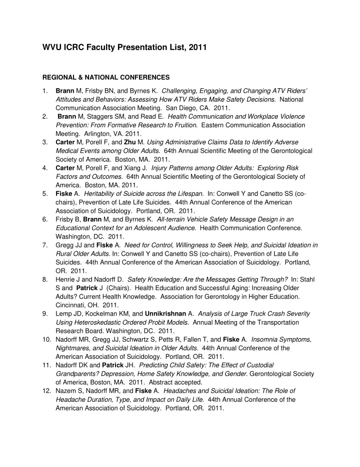 wvu icrc faculty presentation list 2011