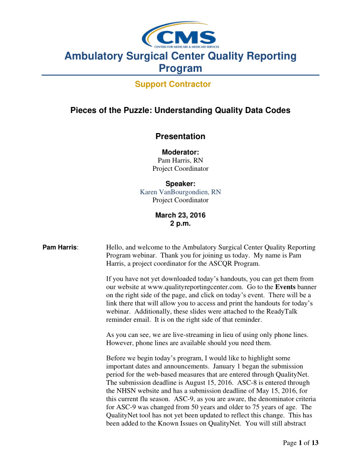 ambulatory surgical center quality reporting program