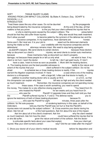 SOFT                      TISSUE INJURY CLAIMS  ARISING FROM LOW IMPACT COLLISIONS  By Blake A.