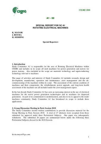 A1 - 00  SPECIAL REPORT FOR SC A1  ROTATING ELECTRICAL MACHINES  K. MAYOR  J. ROCHA  H. SEDDING