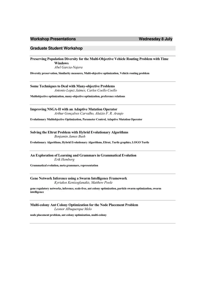 workshop presentations wednesday 8 july graduate student