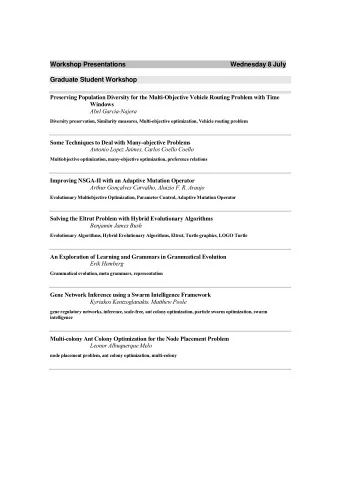 Workshop Presentations  Wednesday 8 July  Graduate Student Workshop  Preserving Population
