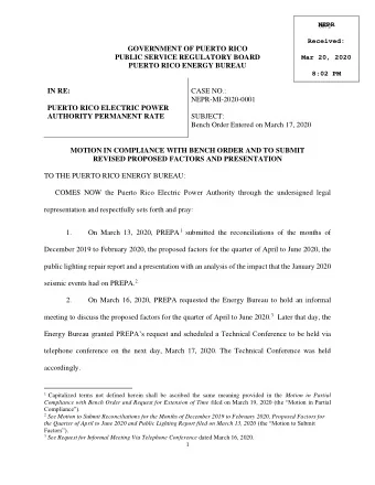 GOVERNMENT OF PUERTO RICO  PUBLIC SERVICE REGULATORY BOARD  Mar 20, 2020 PUERTO RICO ENERGY BUREAU