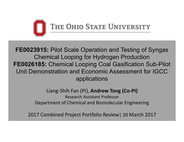 fe0023915 pilot scale operation and testing of syngas