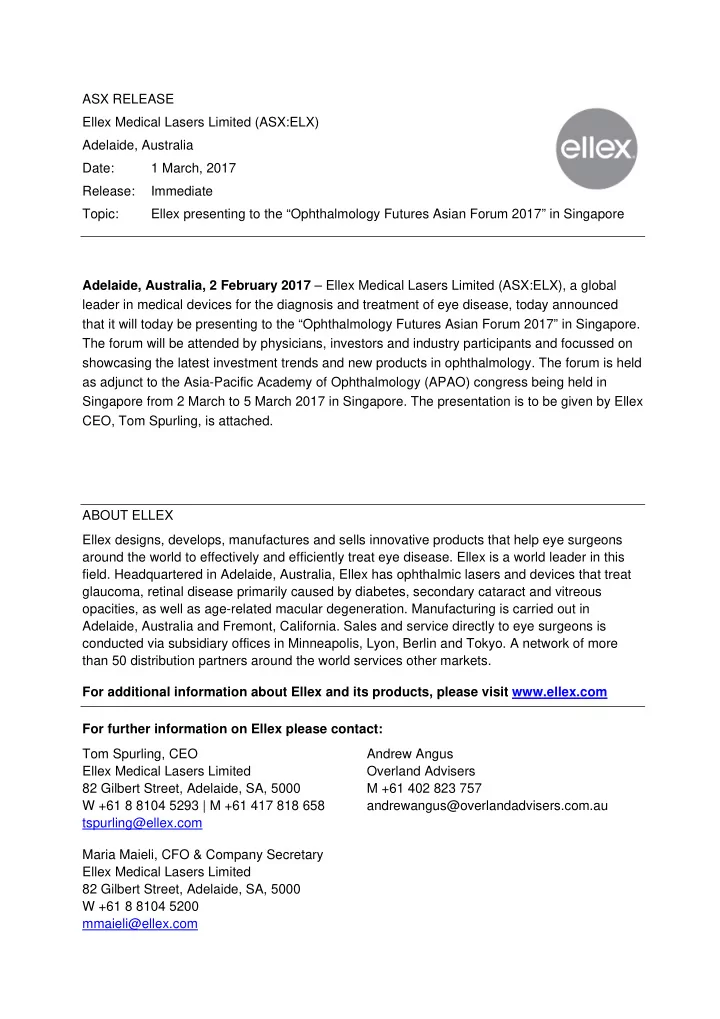 asx release ellex medical lasers limited asx elx adelaide