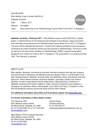 ASX RELEASE  Ellex Medical Lasers Limited (ASX:ELX)  Adelaide, Australia  Date:  1 March, 2017