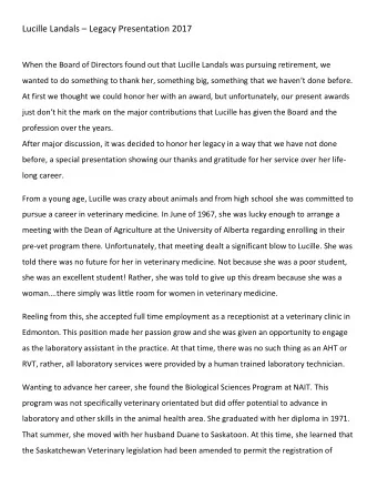 Lucille Landals  Legacy Presentation 2017  When the Board of Directors found out that Lucille