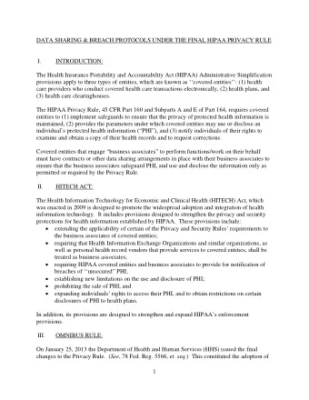 DATA SHARING &amp; BREACH PROTOCOLS UNDER THE FINAL HIPAA PRIVACY RULE I.  INTRODUCTION:  The