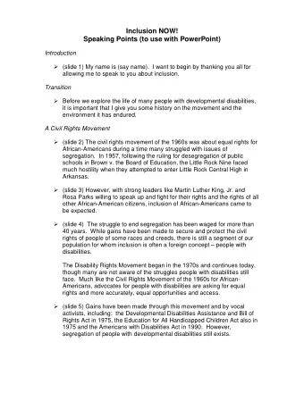 Inclusion NOW!  Speaking Points (to use with PowerPoint)  Introduction  (slide 1) My name is