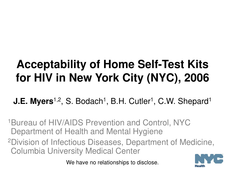 acceptability of home self test kits for hiv in new york
