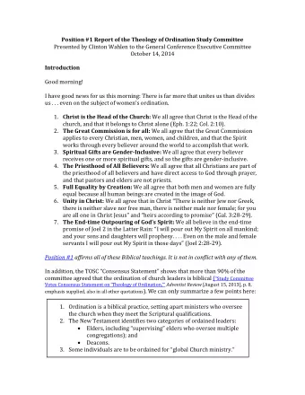 Position #1 Report of the Theology of Ordination Study Committee  Presented by Clinton Wahlen to