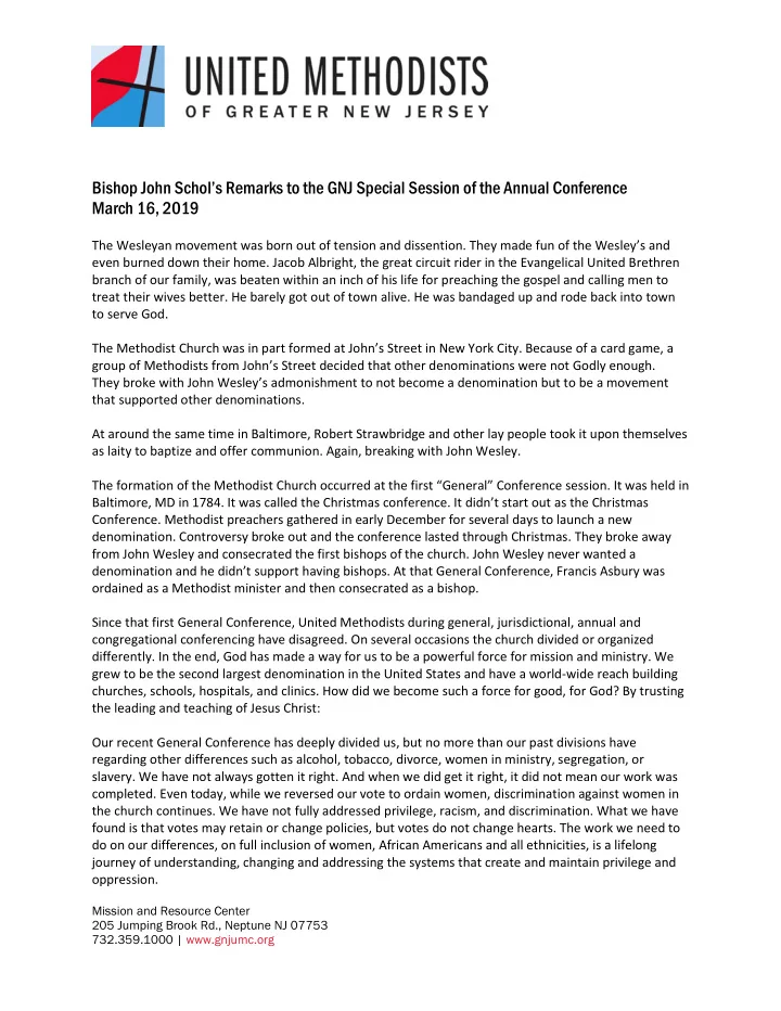 bishop john schol s remarks to the gnj special session of