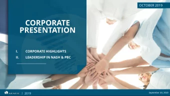 CORPORATE  PRESENTATION  I.  CORPORATE HIGHLIGHTS  II.  LEADERSHIP IN NASH &amp; PBC  2019