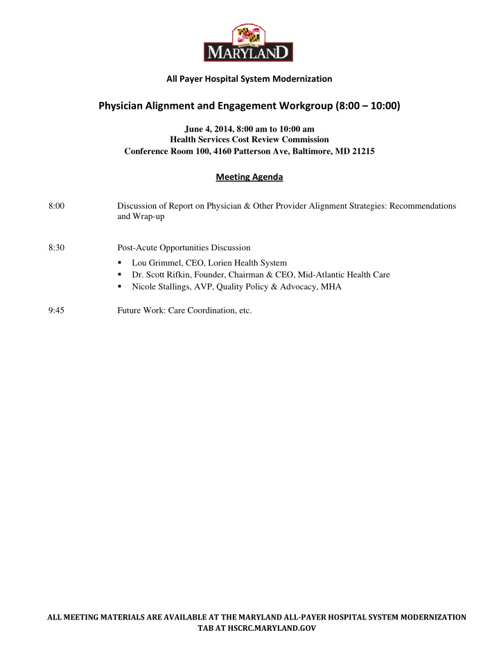 physician alignment and engagement workgroup 8 00 10 00