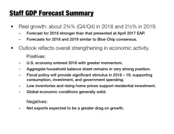 Staff GDP Forecast Summary    Real growth: about 2% (Q4/Q4) in 2018 and 2% in 2019.