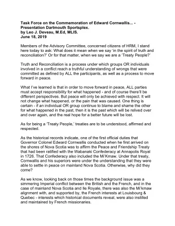 Task Force on the Commemoration of Edward Cornwallis... -  Presentation Dartmouth Sportsplex.  by