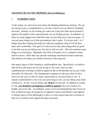 TRAINING BY DAVID CHERMOL (dave@ssihelp.us)  I.  INTRODUCTION  At the outset, we want to be clear