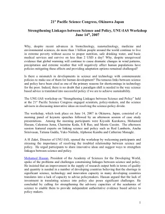 21 st Pacific Science Congress, Okinawa Japan  Strengthening Linkages between Science and Policy,