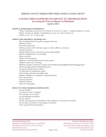 BERGEN COUNTY MEDIATORS PEER CONSULTATION GROUP  A FUNNY THING HAPPENED ON THE WAY TO THE