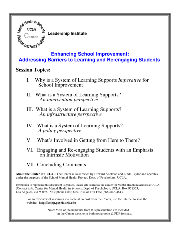 session topics i why is a system of learning supports
