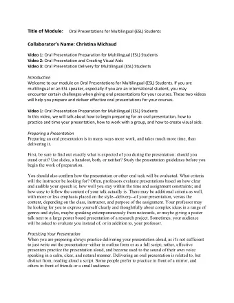Title of Module: Oral Presentations for Multilingual (ESL) Students  Collaborators Name: