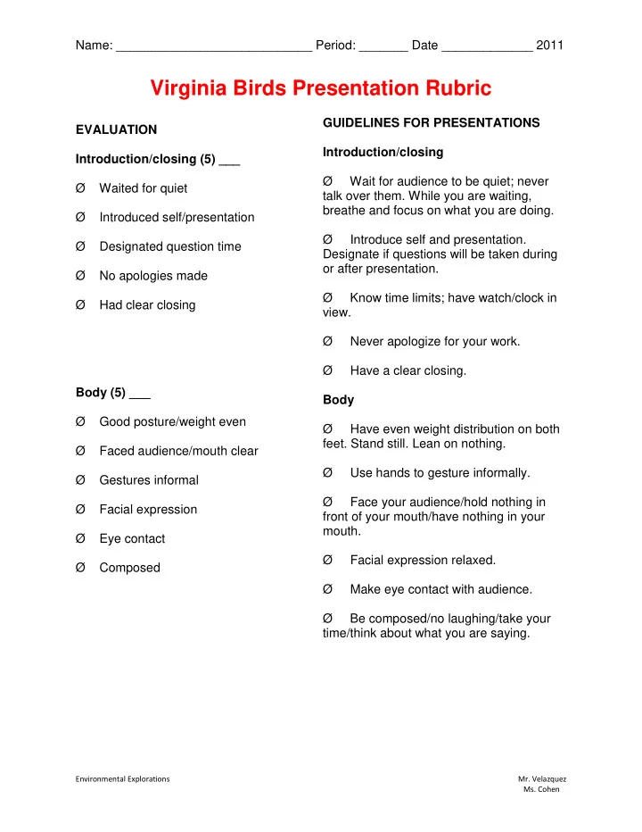 virginia birds presentation rubric