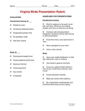 Virginia Birds Presentation Rubric  GUIDELINES FOR PRESENTATIONS  EVALUATION  Introduction/closing