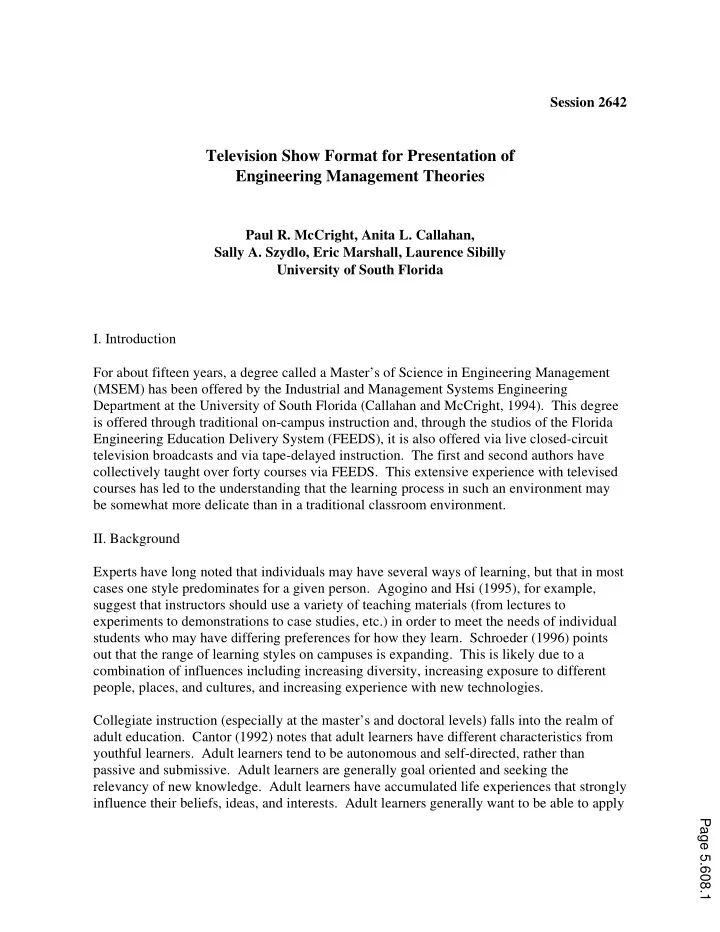 television show format for presentation of engineering