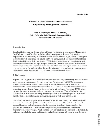 Television Show Format for Presentation of  Engineering Management Theories  Paul R. McCright,