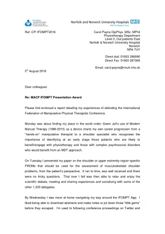 Ref: CP/ IFOMPT2016  Carol Payne DipPhys, MSc, MPhil  Physiotherapy Department  Level 2,