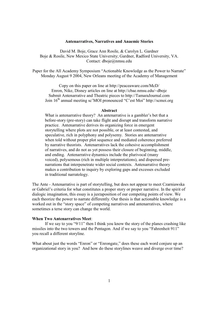 antenarratives narratives and anaemic stories david m