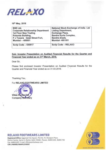 RELAXO FOOTWEARS LIMITED Investor Presentation  May, 2018  1  Safe Harbor This presentation and