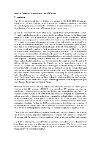 Interest Group on International Law of Culture  Presentation  The IG on International Law of