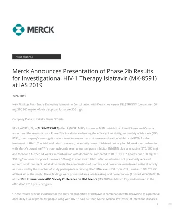 Merck Announces Presentation of Phase 2b Results  for Investigational HIV-1 Therapy Islatravir