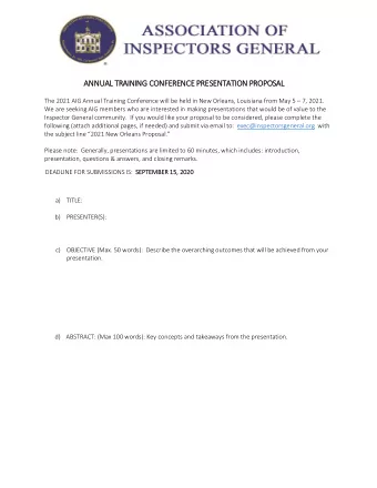 ANNU  NNUAL T  TRAINING  NG C  CONF  NFERENCE  NCE PRES  RESEN  ENTATION PROPOSAL  The 2021 AIG