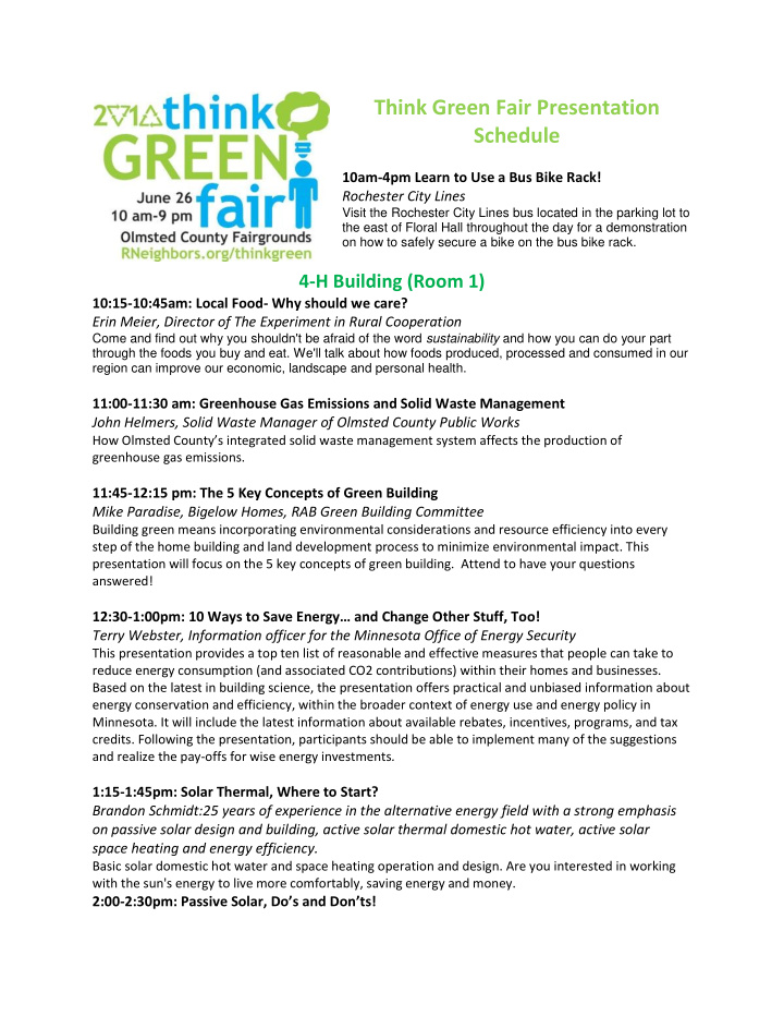 think green fair presentation schedule