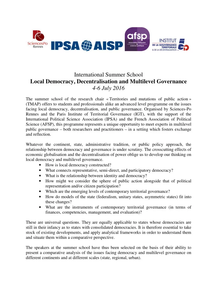 international summer school local democracy