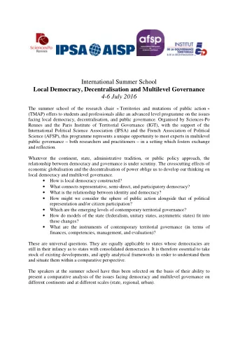 International Summer School  Local Democracy, Decentralisation and Multilevel Governance  4-6 July