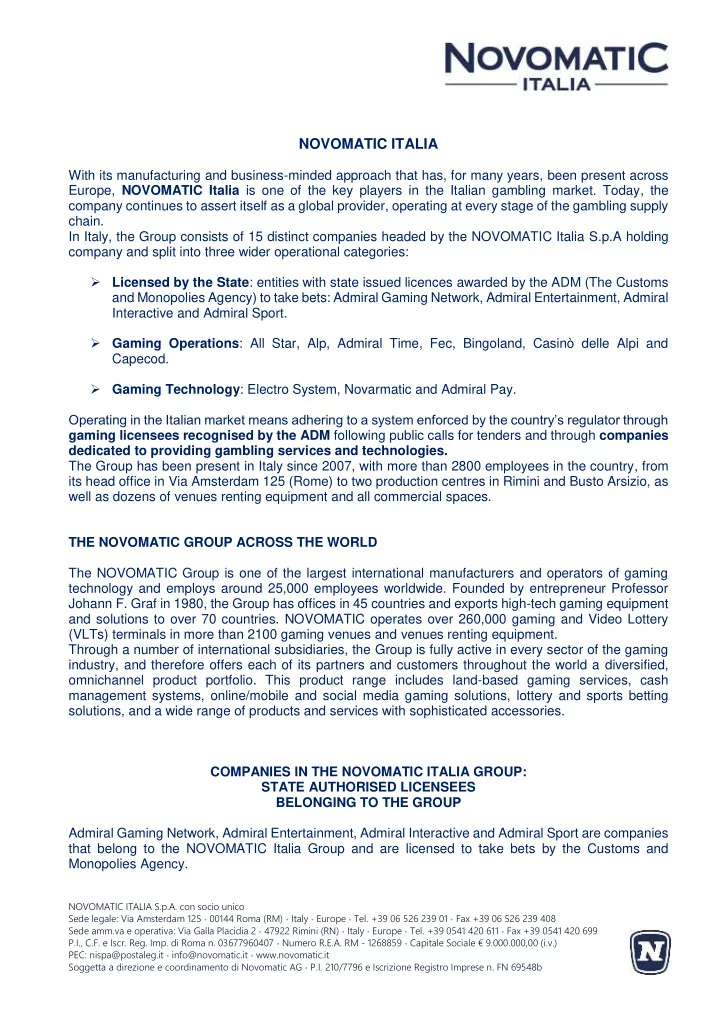 novomatic italia with its manufacturing and business