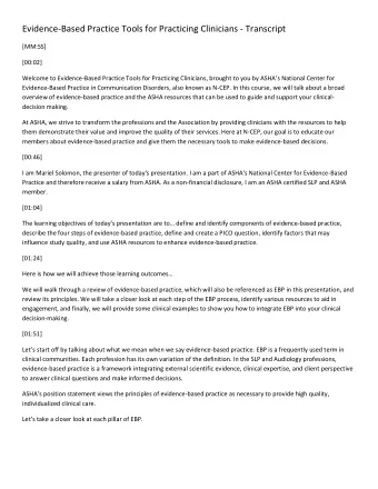 Evidence-Based Practice Tools for Practicing Clinicians - Transcript  [MM:SS]  [00:02] Welcome to