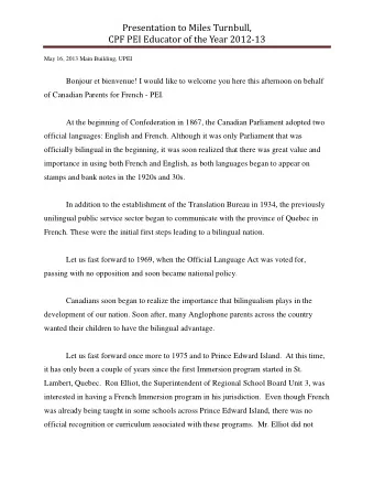 Presentation to Miles Turnbull,  CPF PEI Educator of the Year 201213  May 16, 2013 Main