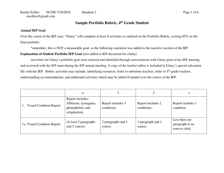 sample portfolio rubric 4 th grade student