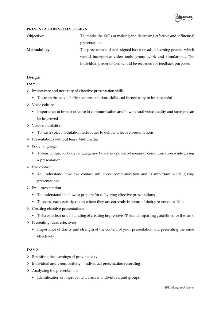 presentation skills design objective to imbibe the skills