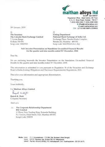 1l  2l The Secretary Listing Department The Calcutta Stock Exchange Limited National Stock Exchange