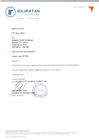 Out perform!  Rajratan Global Wire Limited Corporate presentation: Annual performance, 2018-19