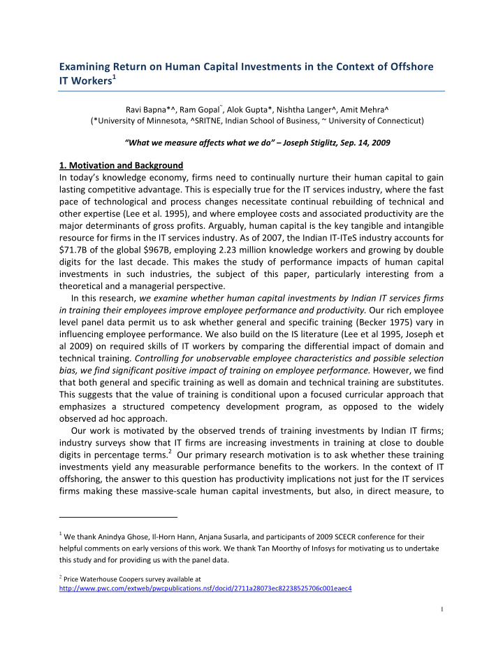 examining return on human capital investments in the