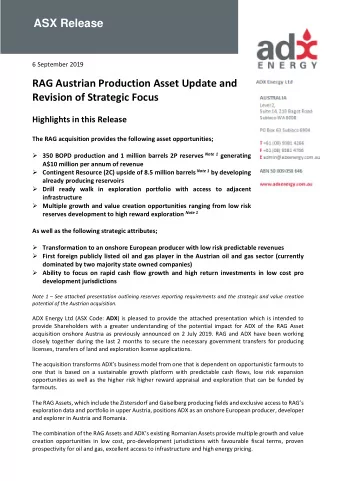 ASX Release  6 September 2019  RAG Austrian Production Asset Update and  Revision of Strategic