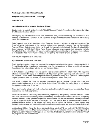 AIA Group Limited 2019 Annual Results Analyst Briefing Presentation  Transcript 12 March 2020