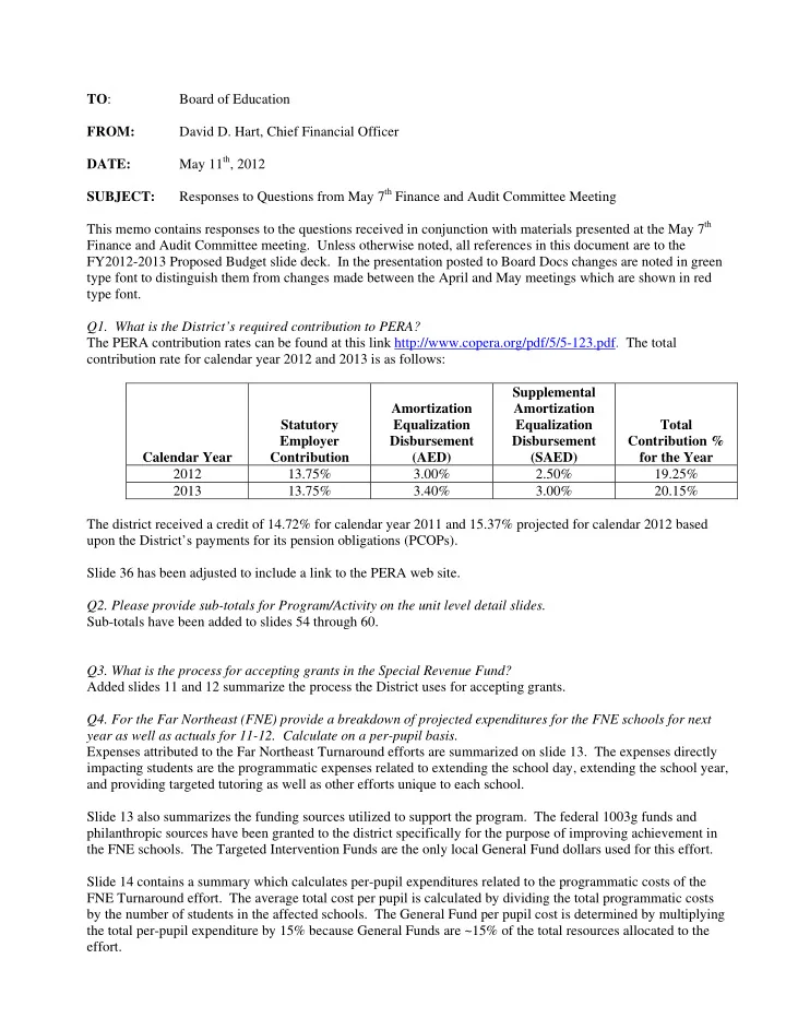 to board of education from david d hart chief financial